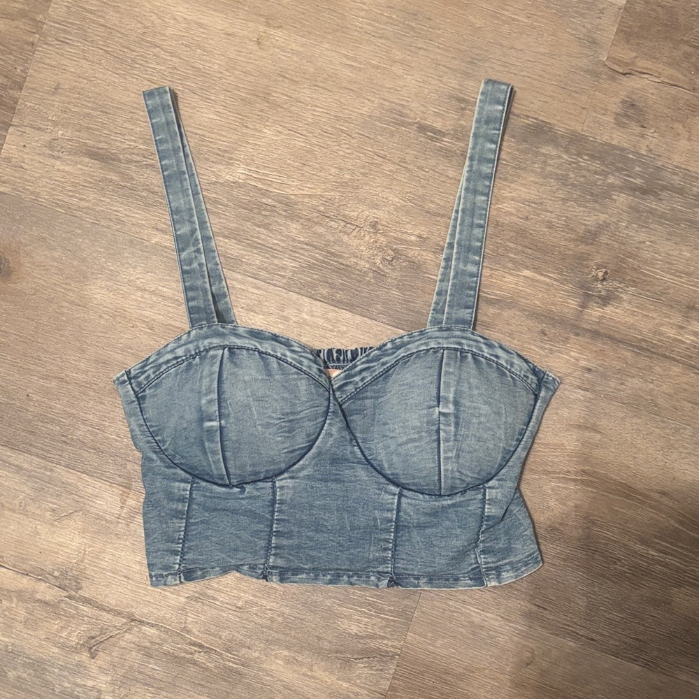 Washed Light Blue Denim Bustier Crop Top